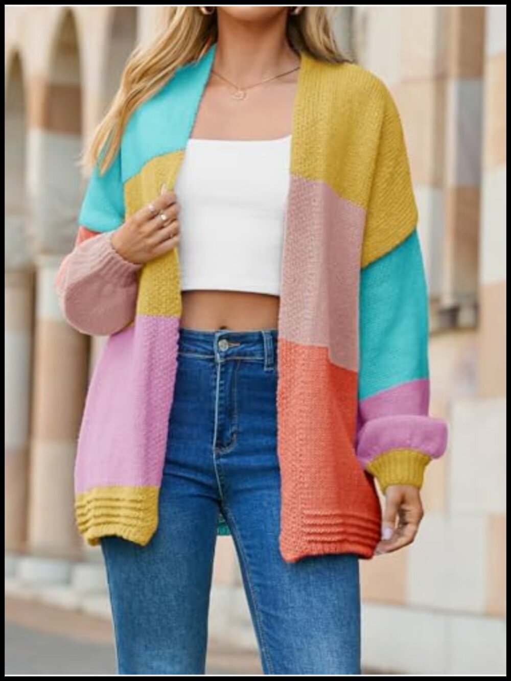 Women's Chunky Knit Cardigan Open Front Color Block Long Sleeve Oversized - Picture 3 of 6